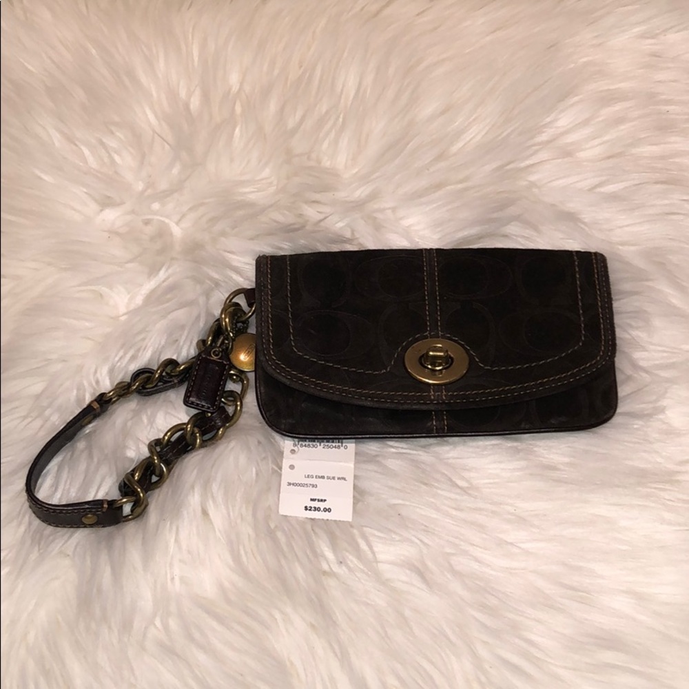 Coach Legacy Brown Embossed Suede Wristlet Purse